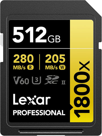 Lexar 512GB Professional 1800X SDXC UHS-II V60 SD Card U3 4K GOLD Series