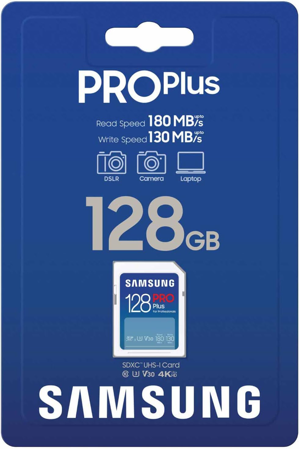 SAMSUNG PRO Plus 128GB SDXC Memory Card, Up to 180 MB/s, Full HD & 4K UHD, UHS-I, C10, U3, V30