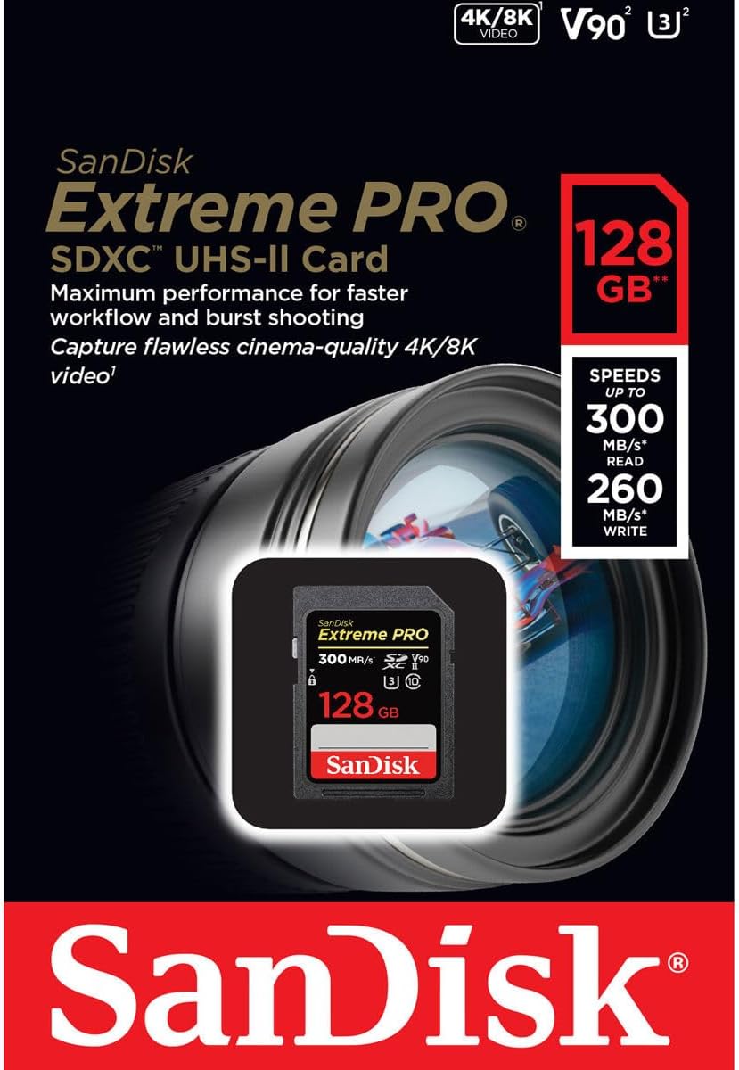 SanDisk Extreme PRO 128GB SDXC Memory Card 300MB/s UHS-II U3 C10 V90 SDSDXDK-128G-GN4IN