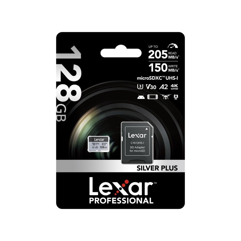 Lexar 128GB Professional SILVER PLUS micro SDXC UHS-I Card UHS-I, A2, U3, V30, Class 10, 4K