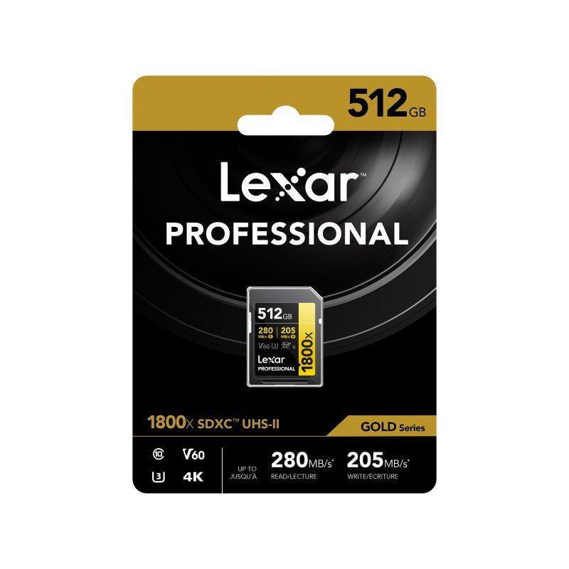 Lexar 512GB Professional 1800X SDXC UHS-II V60 SD Card U3 4K GOLD Series